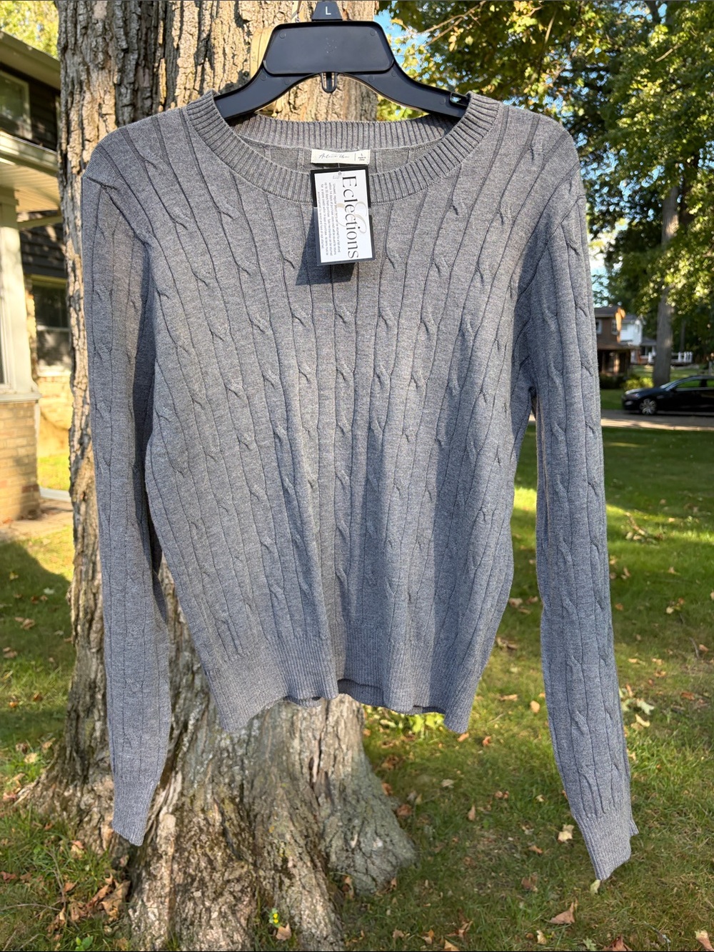 Active USA Gray Cable-Knit Crewneck Sweater size L